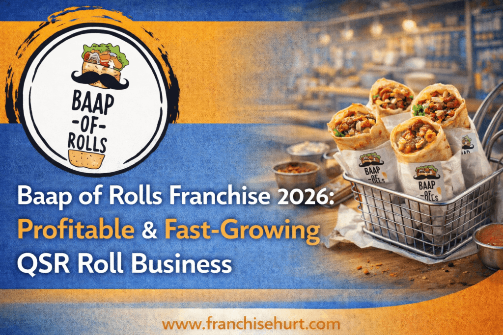 Baap of Rolls franchise thumbnail showing branded QSR rolls with logo wraps, highlighting a profitable fast-growing roll business and FranchiseHurt branding
