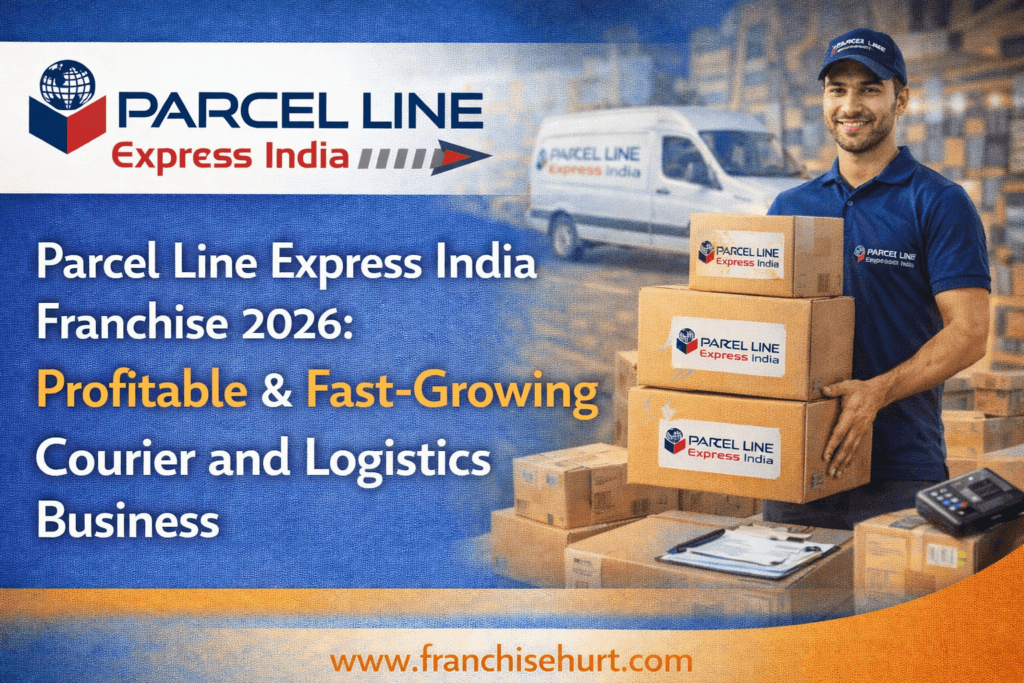 Parcel Line Express India franchise thumbnail showcasing a fast-growing courier and logistics business with delivery boxes, van, and FranchiseHurt branding