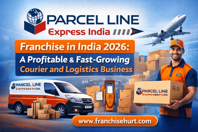 Parcel Line Express India franchise thumbnail showing courier and logistics business opportunity in India 2026 with delivery van, parcels, and FranchiseHurt branding
