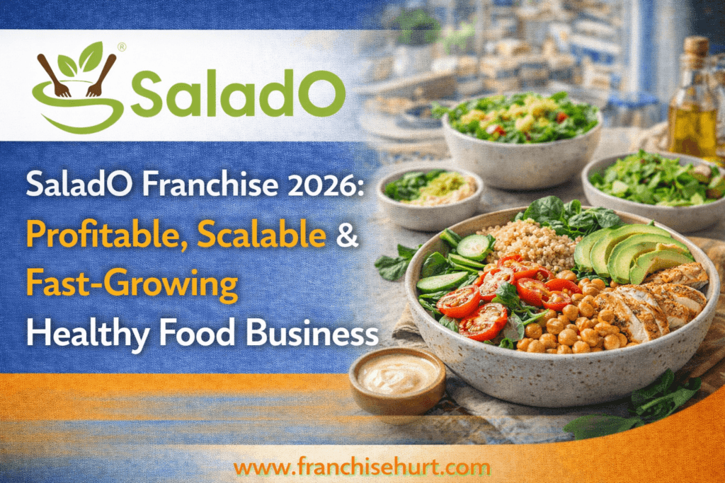 SaladO franchise thumbnail showcasing real fresh salad bowls, healthy ingredients, and a scalable healthy food business with FranchiseHurt branding