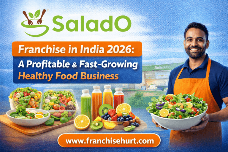 SaladO Franchise in India 2026 thumbnail showing healthy food bowls, fresh salads, cold-pressed juices, and FranchiseHurt branding in blue and orange