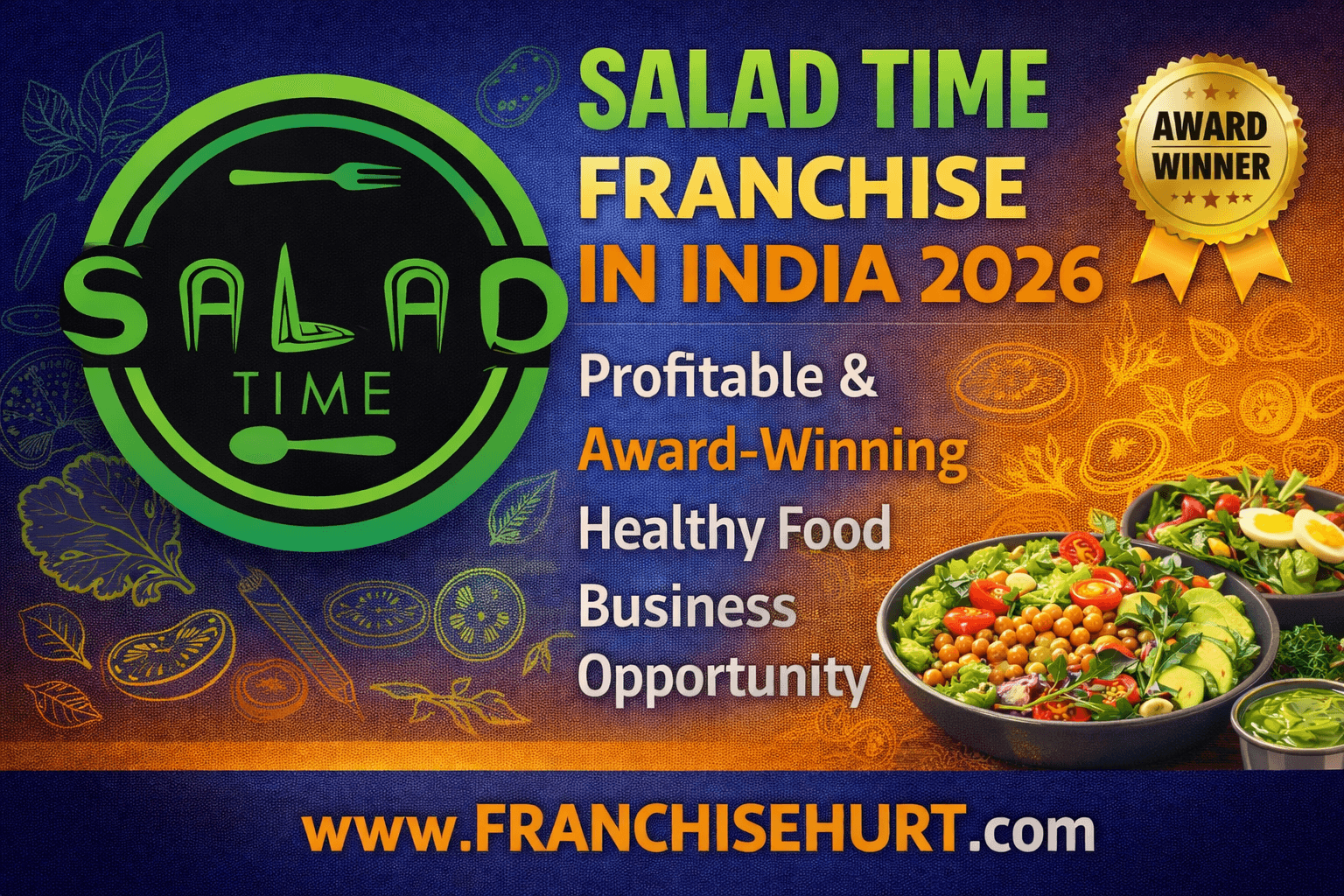 Salad Time Franchise in India 2026 thumbnail featuring original logo, simple blue-orange background, sketch-style leaves and vegetables, and healthy food concept