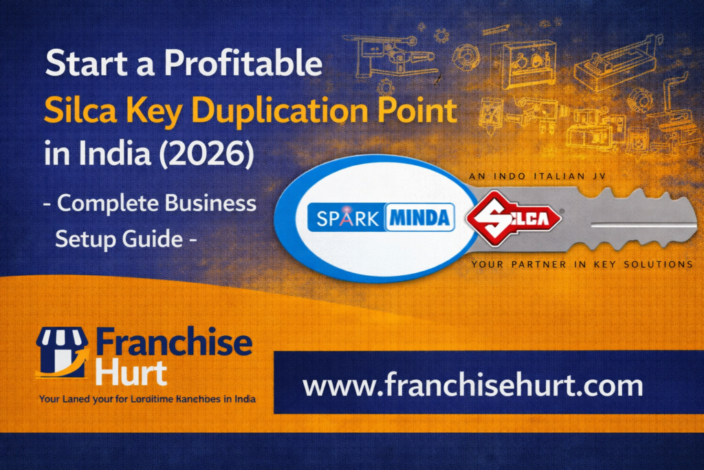 Start a Profitable Silca Key Duplication Point in India 2026 thumbnail featuring business setup guide with key cutting tools sketch elements and Franchise Hurt branding