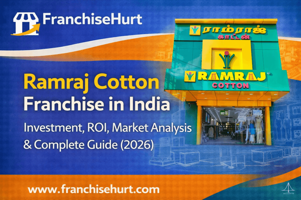 Ramraj Cotton franchise in India 2026 thumbnail featuring Ramraj Cotton store front, investment and ROI guide, and FranchiseHurt branding.