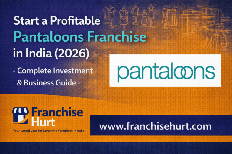 Start a Profitable Pantaloons Franchise in India 2026 thumbnail featuring investment details, apparel elements and Franchise Hurt branding