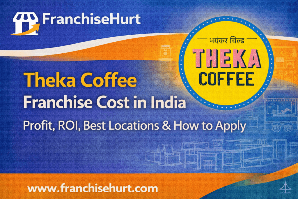 Theka Coffee franchise cost in India 2026 thumbnail featuring Theka Coffee logo, coffee cart sketch, and FranchiseHurt branding.