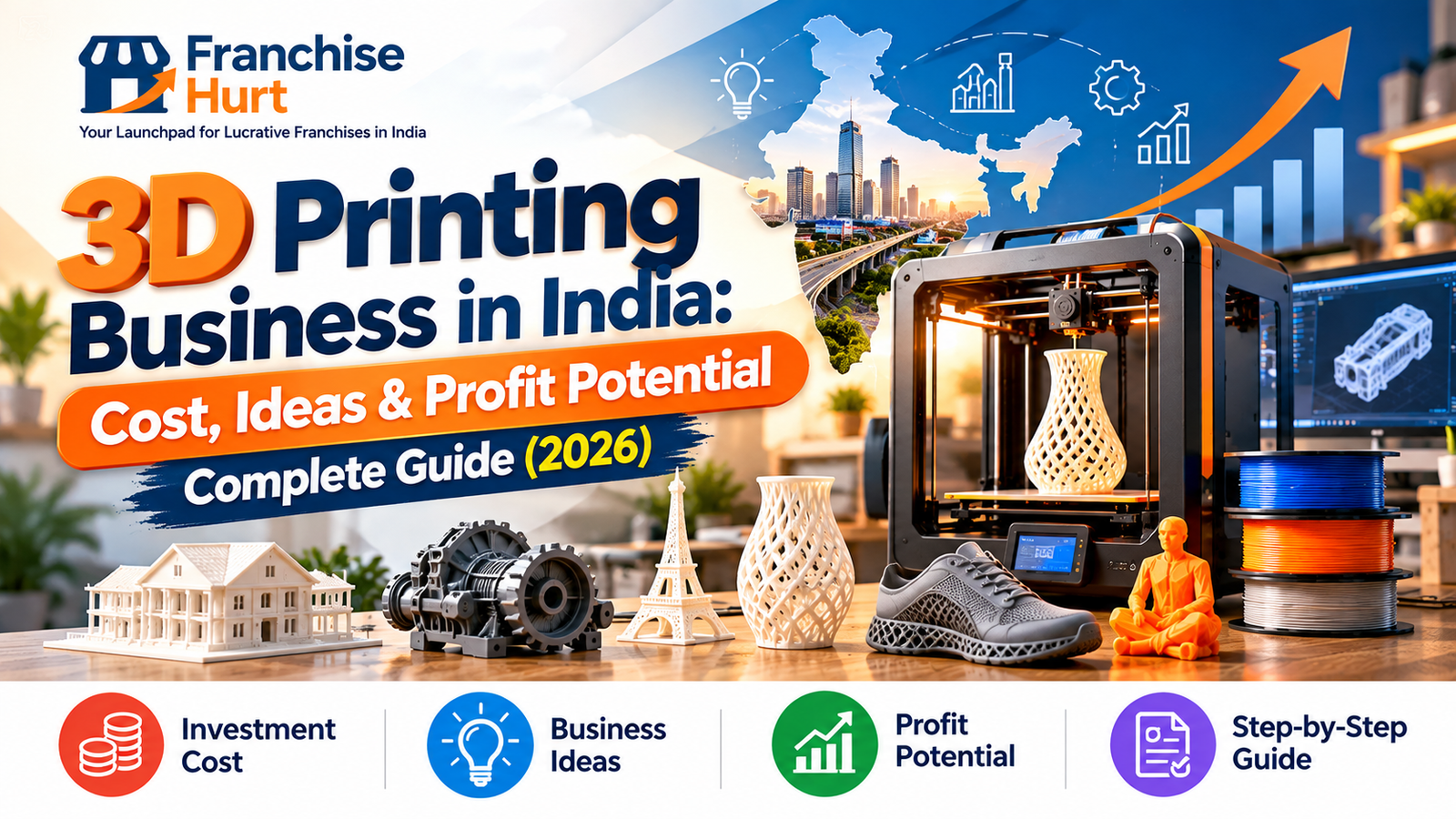 3D printing business opportunities in India with 3D printer, printed products, India map, growth chart and investment icons