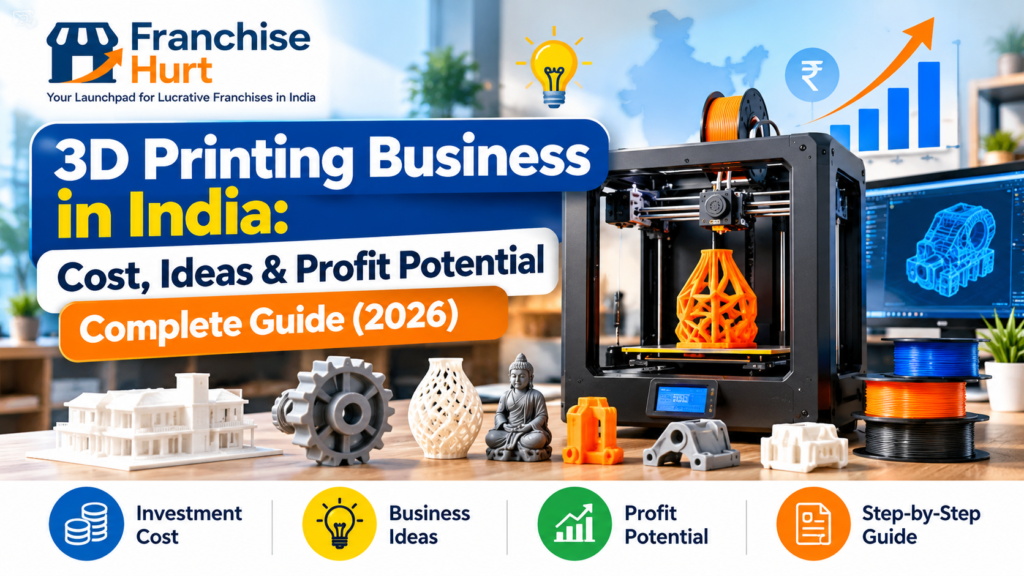 3D printing business in India featuring a 3D printer, printed prototypes, filament spools, investment and profit growth visuals