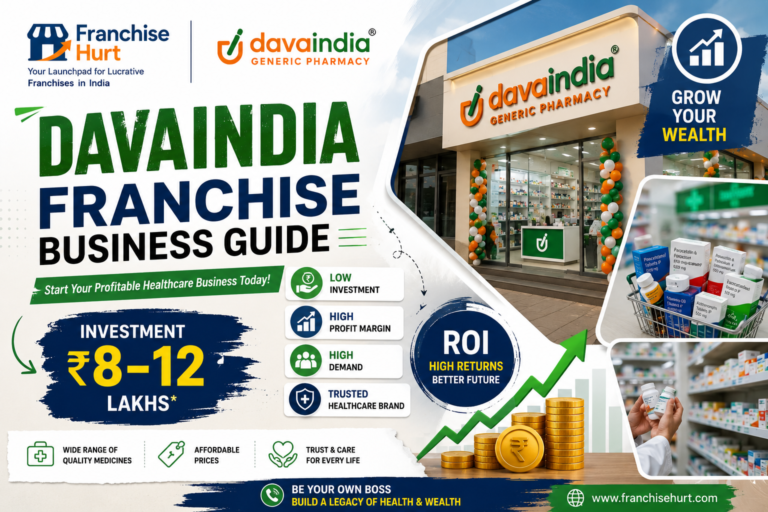 DavaIndia Franchise Business Guide thumbnail showing a modern pharmacy storefront, medicine shelves, healthcare products, ROI growth graphics, investment amount ₹8–12 Lakhs, and FranchiseHurt branding.