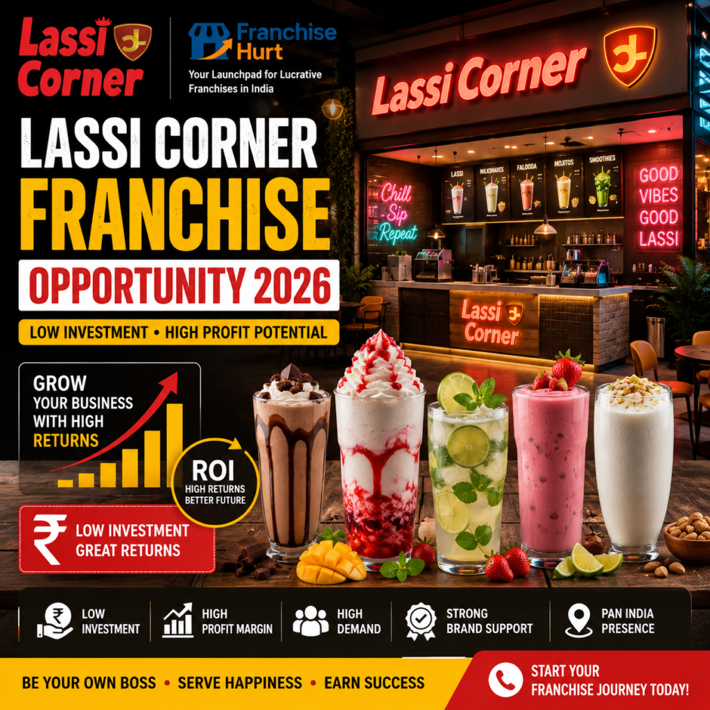 Lassi Corner Franchise Opportunity 2026 social media poster featuring colorful lassi, smoothies, mojitos, falooda, café interiors, ROI graphics, and FranchiseHurt branding.