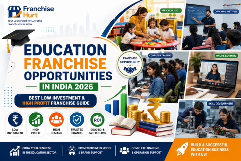 Education Franchise Opportunities in India 2026 featured image showing preschool classrooms, coaching institute students, computer training labs, online learning, skill development centers, ROI graphics, and FranchiseHurt branding.