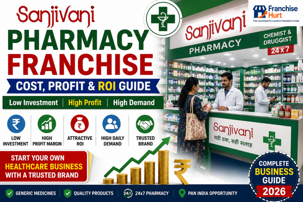 Sanjivani Pharmacy franchise thumbnail showing modern pharmacy store interiors, medicine shelves, pharmacists assisting customers, healthcare products, ROI graphics, and pharmacy business opportunity visuals in India.