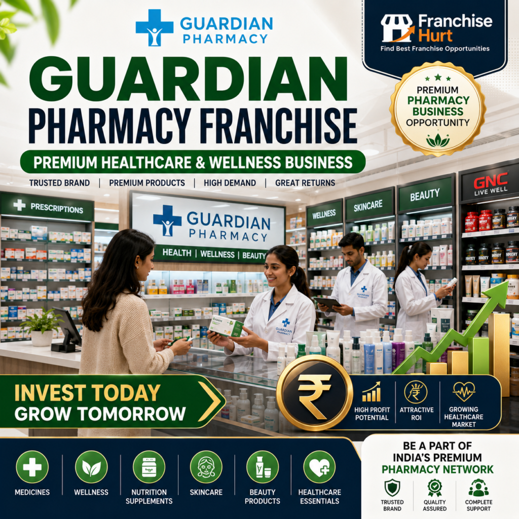 Guardian Pharmacy franchise promotional image showing modern pharmacy interiors, medicine shelves, wellness supplements, skincare products, healthcare essentials, pharmacists assisting customers, and premium healthcare retail branding in India.