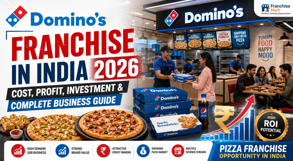 Domino’s franchise featured image showing modern pizza restaurant interiors, pizzas, garlic bread, delivery boxes, dine-in customers, QSR branding, and food business growth visuals in India.