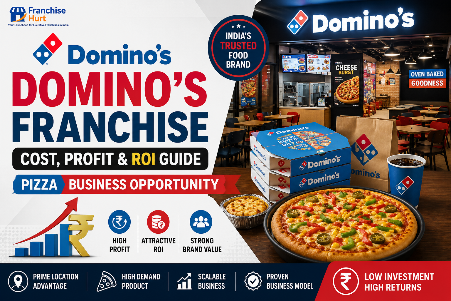 Domino’s Franchise blog thumbnail showing premium pizza restaurant interiors, pizzas, delivery boxes, beverages, ROI graphics, rupee symbols, and FranchiseHurt branding.
