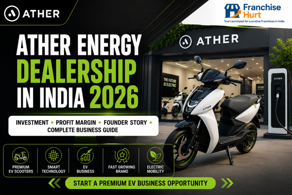 Ather Energy dealership business banner in India featuring premium electric scooters, EV showroom setup, smart charging infrastructure, and electric mobility business opportunity for 2026