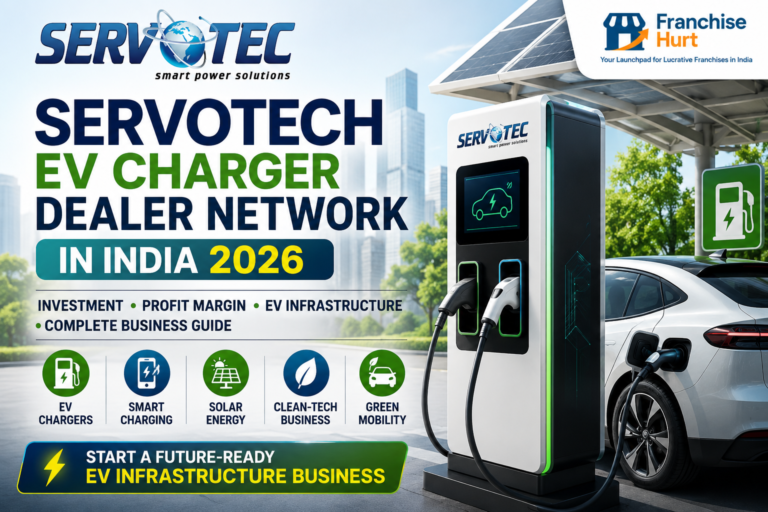 Servotech EV Charger dealership banner in India featuring smart EV charging stations, solar energy integration, clean-tech infrastructure, and electric vehicle charging business opportunity