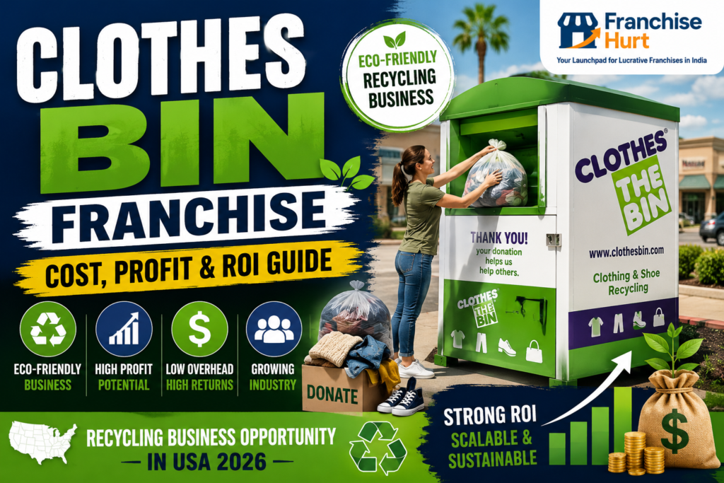 Clothes Bin franchise thumbnail showing textile recycling bins, clothes donation visuals, sustainability graphics, ROI icons, dollar symbols, eco-friendly branding, and recycling business opportunity concepts in the USA.