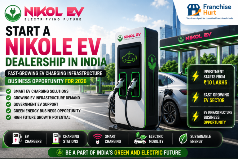 Start a Nikole EV dealership in India banner featuring EV charging stations, electric vehicle infrastructure, smart charging solutions, and sustainable energy business opportunity