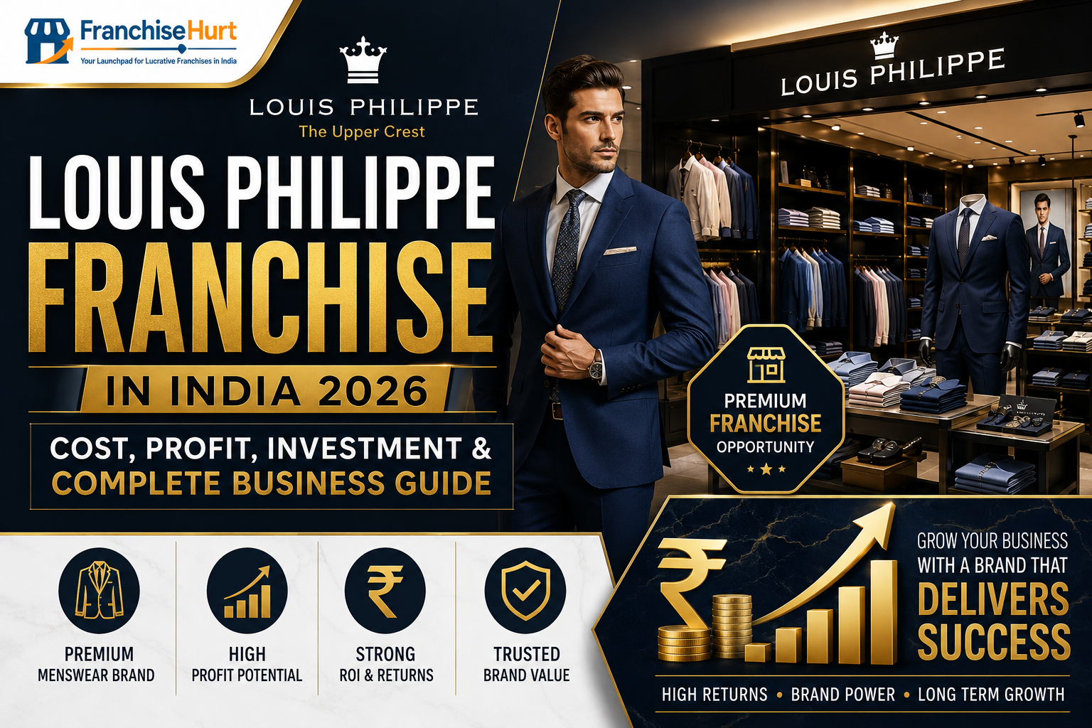 Louis Philippe franchise featured banner showing luxurious menswear showroom interiors, formal suits, premium fashion displays, elegant clothing retail environment, ROI visuals, growth charts, and premium fashion business branding in India.