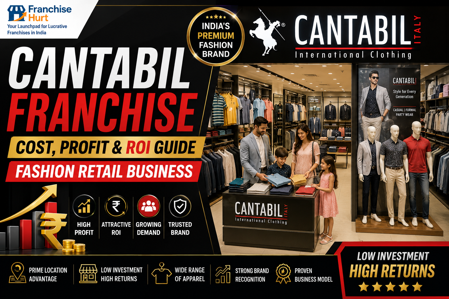 Cantabil Franchise blog thumbnail showing premium fashion retail showroom interiors with casual wear, formal wear, mannequins, family shopping, ROI graphics, rupee symbols, and FranchiseHurt branding.