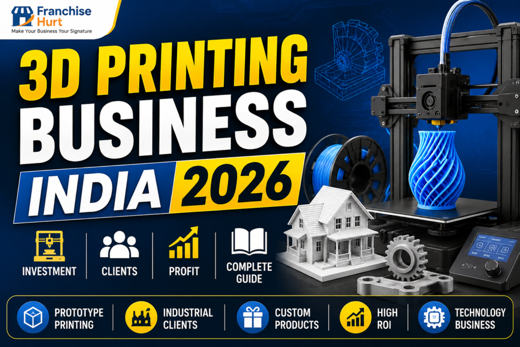 3D Printing Business India 2026 featured image showing industrial 3D printer, prototype models, gears, architectural design models, and technology business elements with Franchise Hurt branding.
