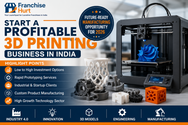 Professional 3D printing business banner in India featuring industrial 3D printer, rapid prototyping components, engineering models, and advanced manufacturing technology solutions