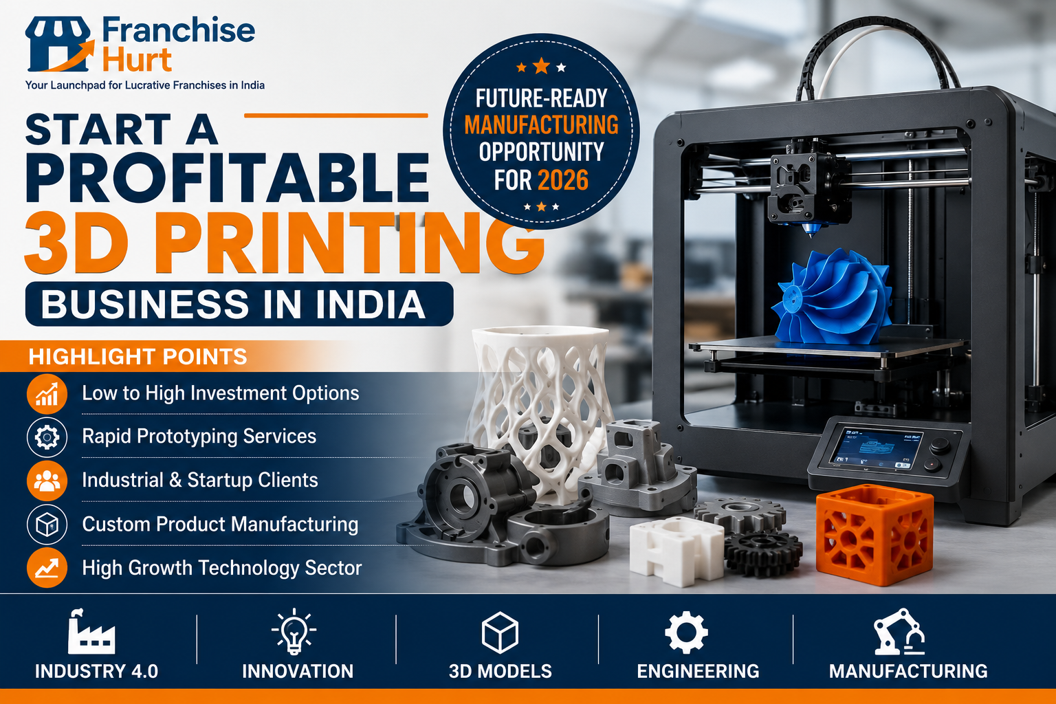 Professional 3D printing business banner in India featuring industrial 3D printer, rapid prototyping components, engineering models, and advanced manufacturing technology solutions