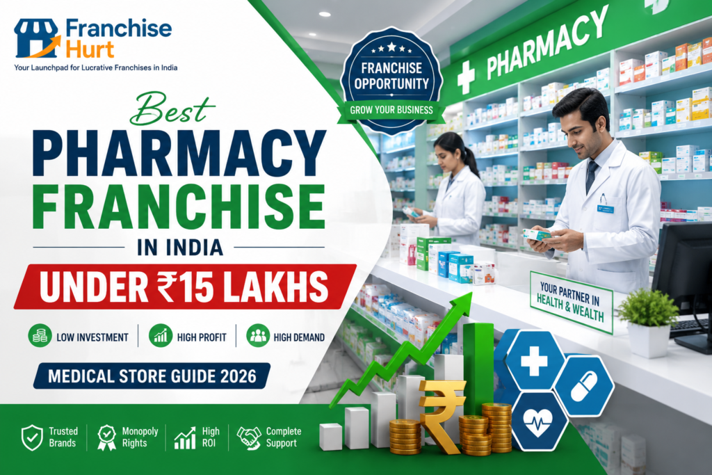 Premium pharmacy franchise featured image showing modern medical store interiors, pharmacists, organized medicine shelves, healthcare products, ROI graphics, rupee symbols, and healthcare business branding in India.
