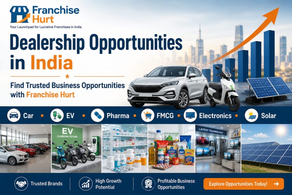 Dealership Opportunities in India promotional banner featuring car dealerships, EV charging business, pharma products, FMCG distribution, electronics retail, solar dealership, and business growth graphics with FranchiseHurt branding.