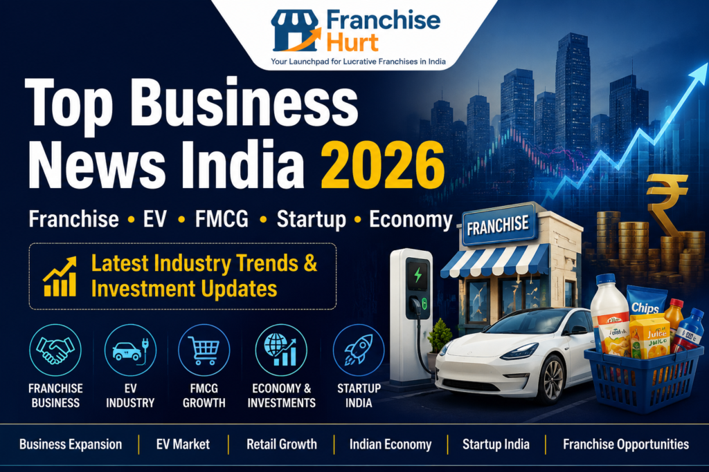 Top Business News India 2026 banner featuring FranchiseHurt branding with business growth graphics, EV charging station, franchise store, FMCG products, startup icons, and economy investment visuals on a dark blue financial background.