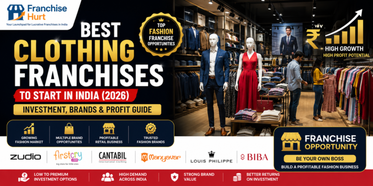 Featured image for Best Clothing Franchises to Start in India (2026) showcasing premium fashion retail stores, branded apparel displays, men's and women's clothing collections, mannequins, shoppers, business growth graphics, and top clothing franchise opportunities in India.