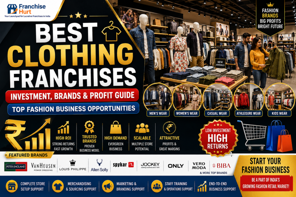 Best Clothing Franchises in India blog thumbnail featuring premium fashion retail stores, branded apparel displays, men's and women's clothing collections, stylish mannequins, shopping customers, ROI graphics, rupee symbols, and FranchiseHurt branding.