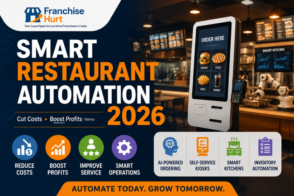 Smart Restaurant Automation 2026 featured image showing a self-service ordering kiosk, AI-powered restaurant technology, smart kitchen automation, inventory management systems, and franchise productivity solutions to reduce costs, boost profits, and improve customer service.