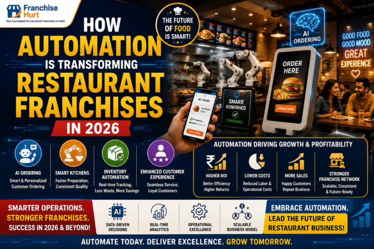 Restaurant automation in 2026 blog featured image showing AI ordering kiosks, smart kitchen robots, inventory automation systems, digital ordering screens, customer dining experience, ROI graphics, and FranchiseHurt branding.