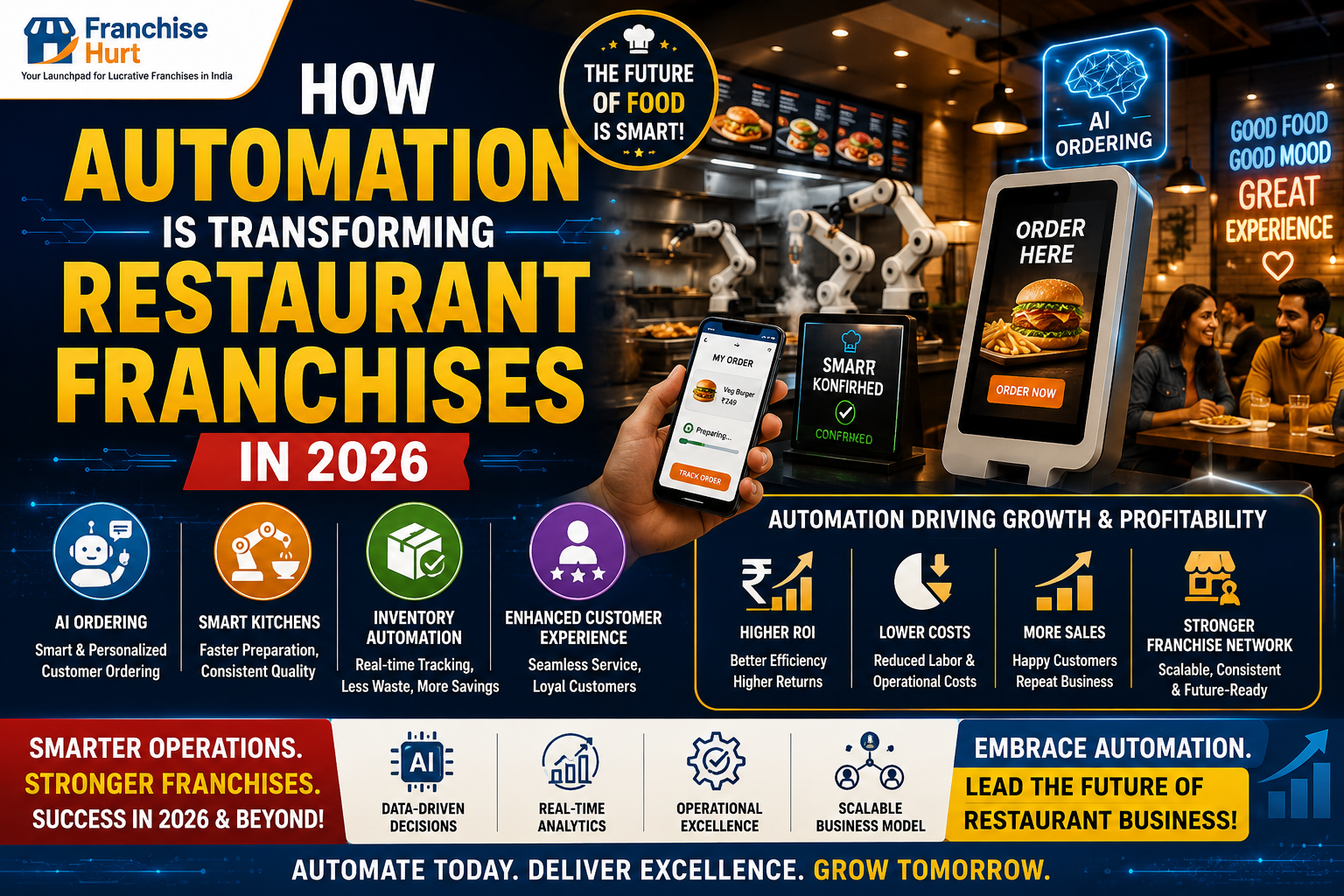 Restaurant automation in 2026 blog featured image showing AI ordering kiosks, smart kitchen robots, inventory automation systems, digital ordering screens, customer dining experience, ROI graphics, and FranchiseHurt branding.