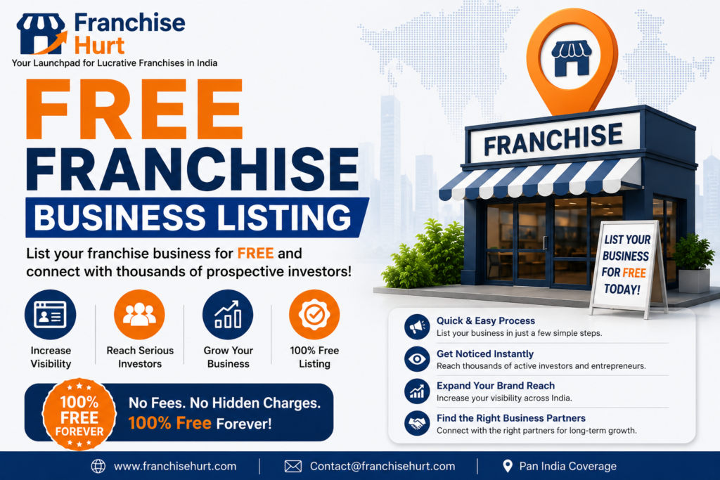 Free Franchise Business Listing promotional banner by FranchiseHurt featuring a modern franchise storefront, business listing benefits, investor reach, growth opportunities, and 100% free franchise listing service.