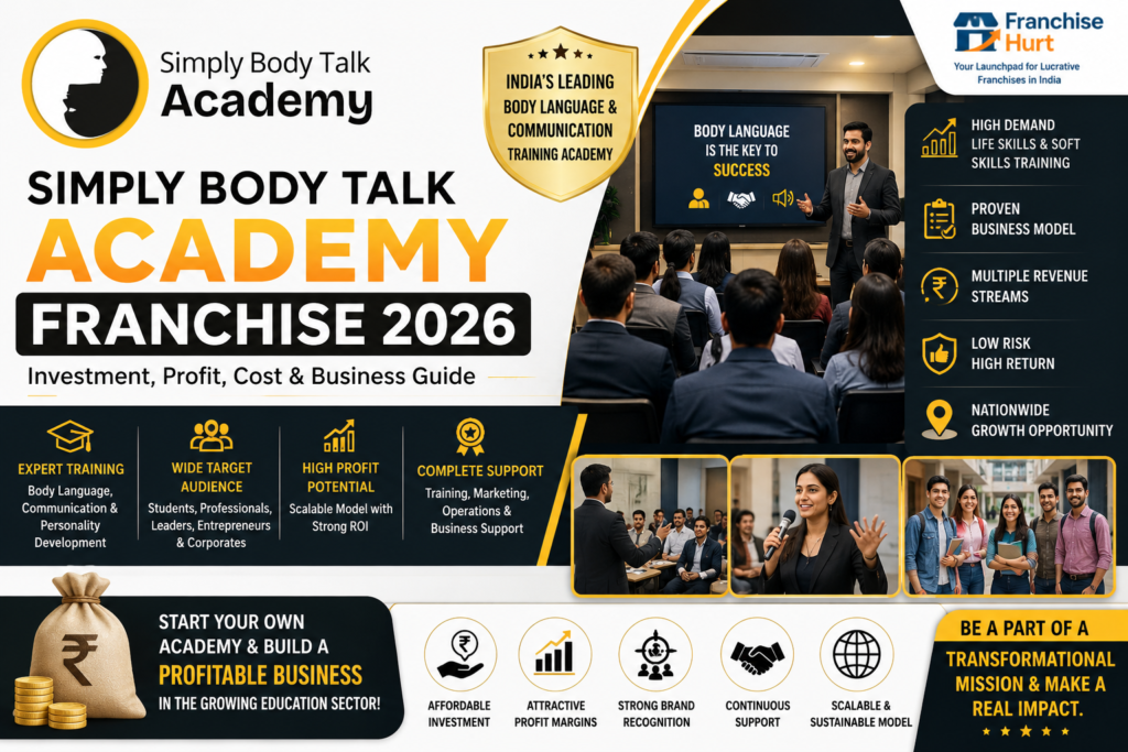 Simply Body Talk Academy Franchise 2026 featured image showcasing professional body language training sessions, communication skills workshops, public speaking programs, personality development courses, business growth graphics, and franchise opportunities in the education and training sector.