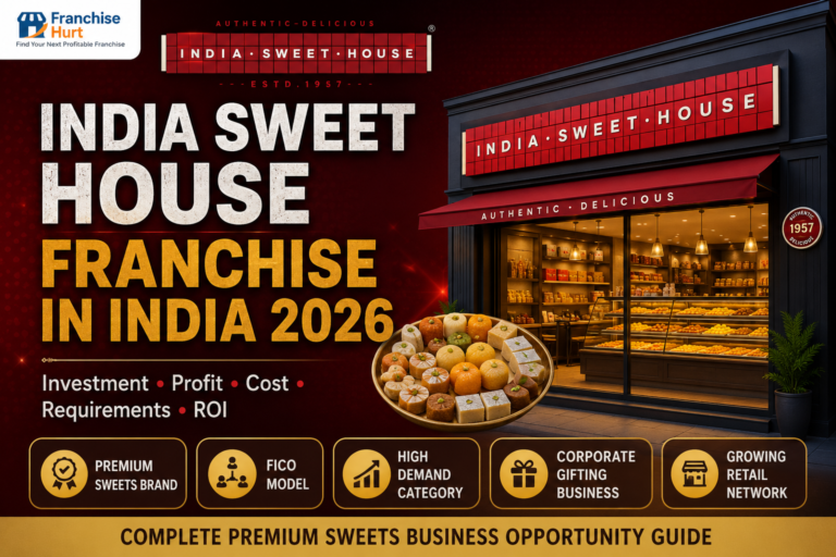 India Sweet House Franchise in India 2026 promotional cover featuring a premium sweets retail outlet, traditional Indian sweets display, franchise investment and ROI highlights, and Franchise Hurt branding with key business opportunity details.