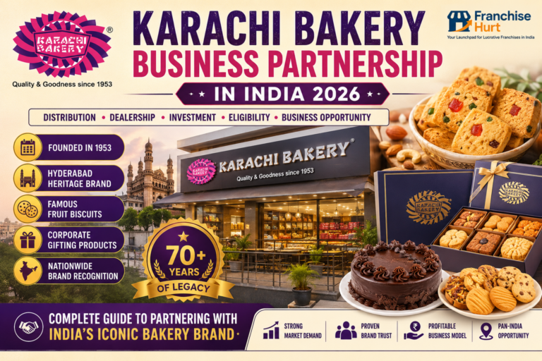 Karachi Bakery Business Partnership in India 2026 promotional banner featuring distribution and dealership opportunities, Karachi Bakery store, famous fruit biscuits, corporate gifting products, bakery items, and FranchiseHurt branding highlighting investment and business partnership opportunities.