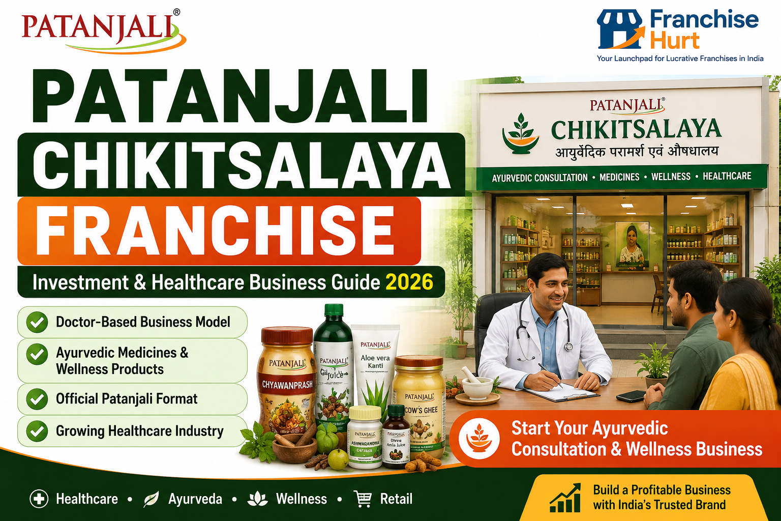Patanjali Chikitsalaya Franchise in India 2026 promotional banner featuring an Ayurvedic doctor consultation, Patanjali healthcare products, Chikitsalaya storefront, wellness solutions, healthcare business opportunity, and FranchiseHurt branding.