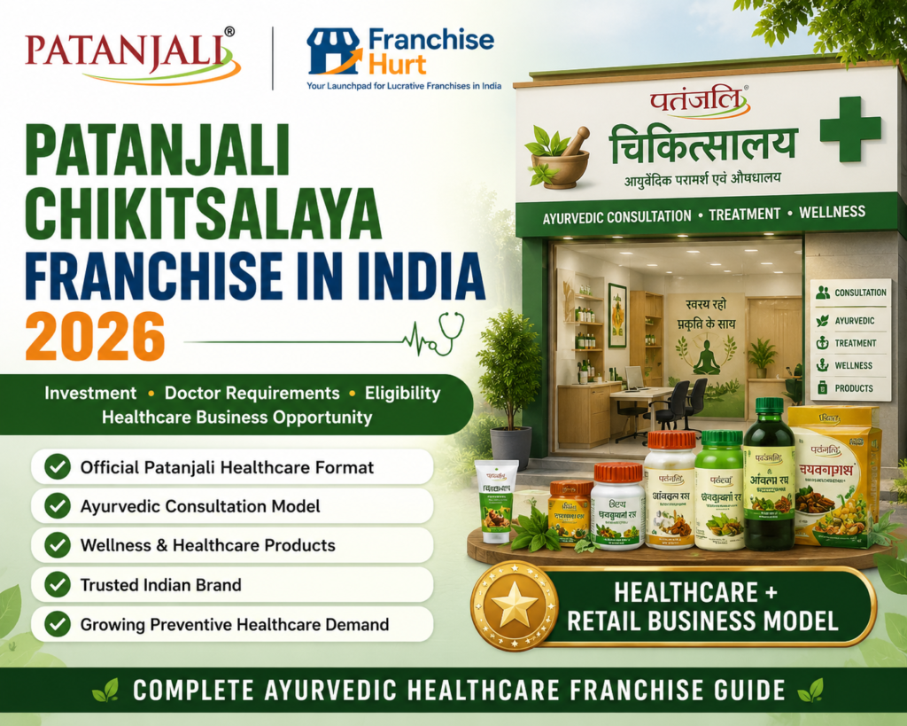 Patanjali Chikitsalaya Franchise in India 2026 promotional banner featuring Patanjali healthcare clinic, Ayurvedic consultation center, wellness products, franchise investment details, doctor eligibility requirements, and healthcare retail business opportunity.