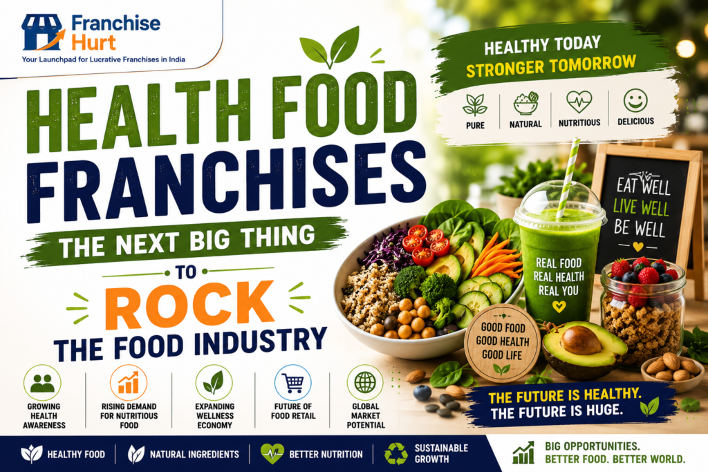 Health Food Franchises: The Next Big Thing to Rock the Food Industry featured image showcasing healthy food trends, nutritious meals, wellness-focused food concepts, fresh ingredients, smoothies, market growth opportunities, and FranchiseHurt branding.