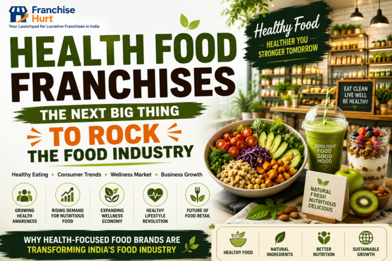 Health Food Franchises: The Next Big Thing to Rock the Food Industry banner featuring healthy meals, green smoothies, fresh fruits, nutritious ingredients, wellness-focused food concepts, consumer health trends, and food industry growth insights.