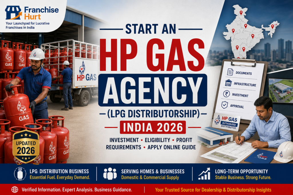 HP Gas Agency LPG Distributorship in India 2026 featuring LPG cylinder distribution operations, distributor infrastructure planning, investment requirements, eligibility criteria, and business opportunity guide.