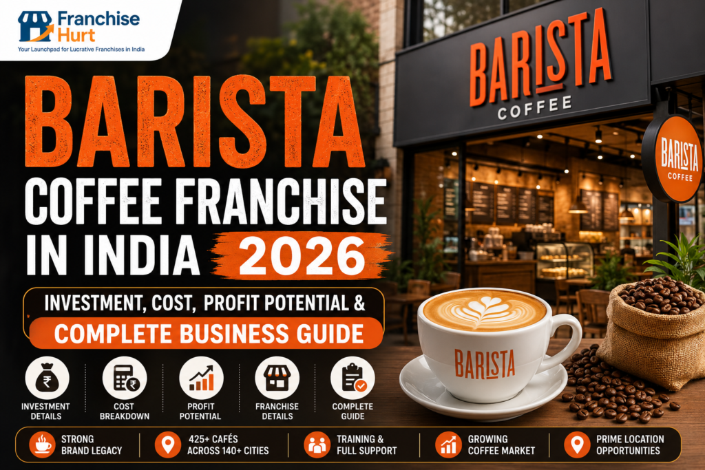 Barista Coffee Franchise in India 2026 featured image showcasing a modern Barista café outlet, premium coffee cup, coffee beans, franchise investment opportunity, profit potential, business growth, and FranchiseHurt branding.