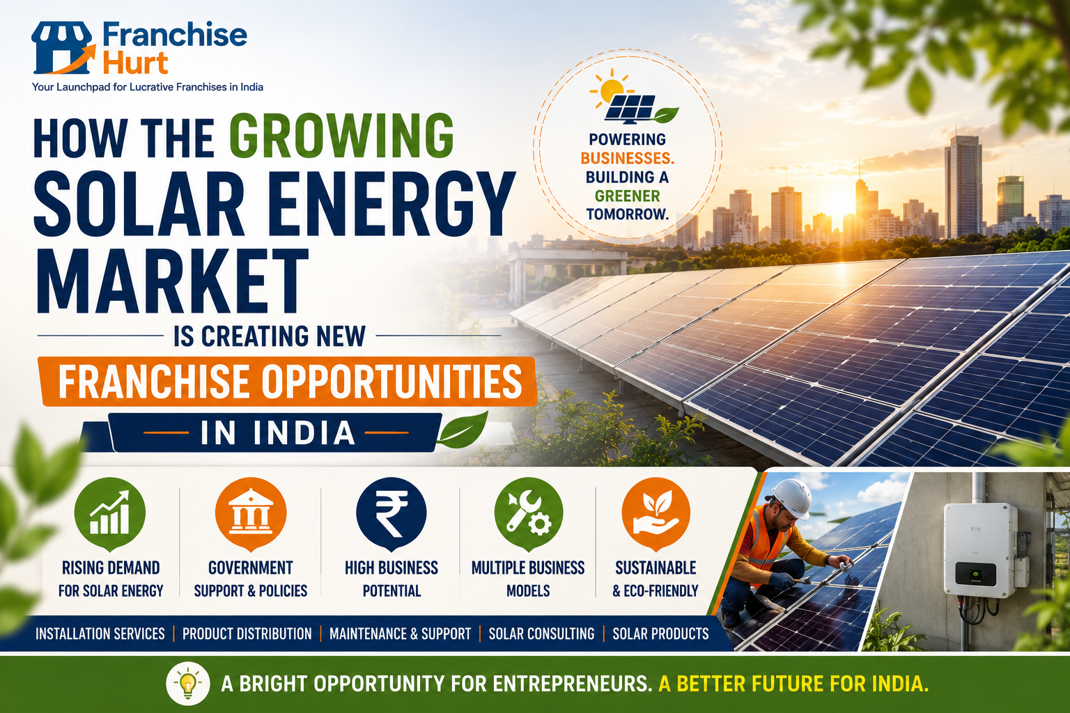 How the Growing Solar Energy Market Is Creating New Franchise Opportunities in India featured image showcasing solar panels, renewable energy infrastructure, solar installation services, government support, and sustainable business opportunities with FranchiseHurt branding.