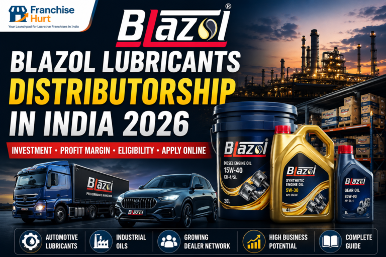 Blazol Lubricants Distributorship in India 2026 featured image showcasing Blazol engine oils, lubricant containers, industrial refinery, warehouse, truck, passenger car, and Franchise Hurt branding highlighting investment, profit margin, eligibility, and application guide.