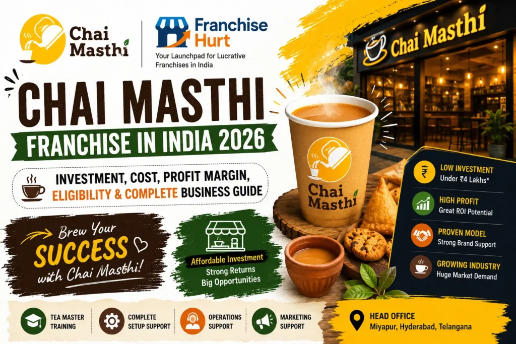 Chai Masthi Franchise in India 2026 title image featuring the official Chai Masthi logo, premium tea cup, café storefront, tea snacks, affordable investment opportunity, franchise business guide, and FranchiseHurt branding.