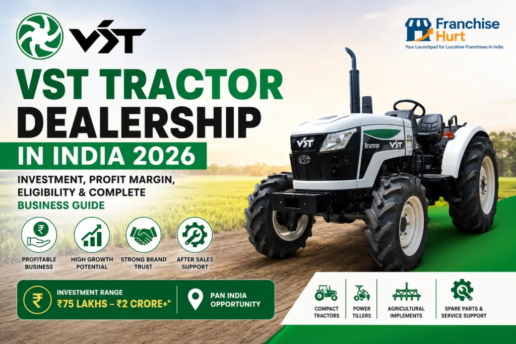 VST Tractor Dealership in India 2026 blog cover image featuring the VST logo, FranchiseHurt branding, a VST compact tractor, investment range, profit potential, eligibility criteria, dealership opportunities, and agricultural machinery business guide.